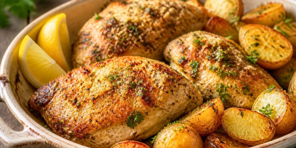 Baked Garlic Parmesan Chicken and Potatoes Recipe