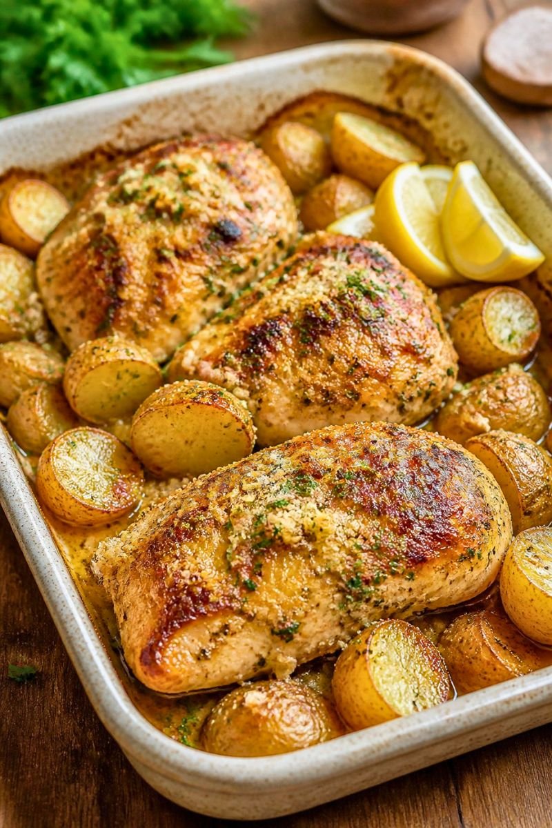 Baked Garlic Parmesan Chicken and Potatoes Recipe