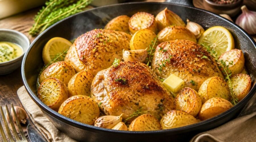 Easy Crispy Garlic Butter Chicken and Potatoes Recipe